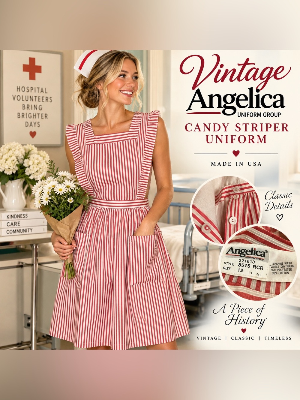Vintage Angelica Candy Striper Uniform Dress Apron Red White Stripe Sz 12 USA